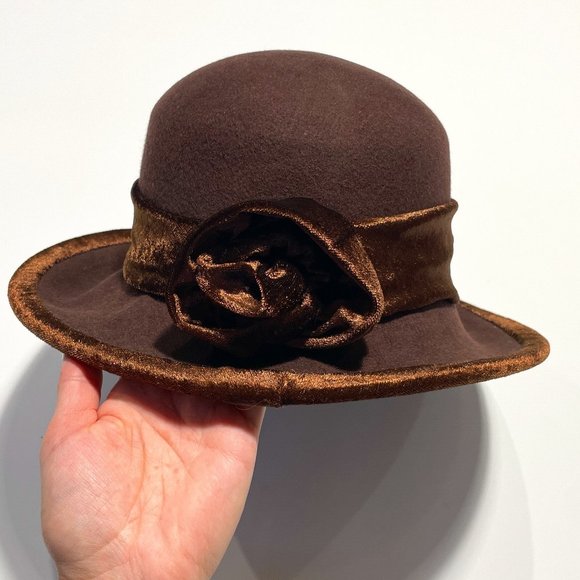 Accessories - VTG 90s Women's Wool Hat with Flower and Satin Band- Brown